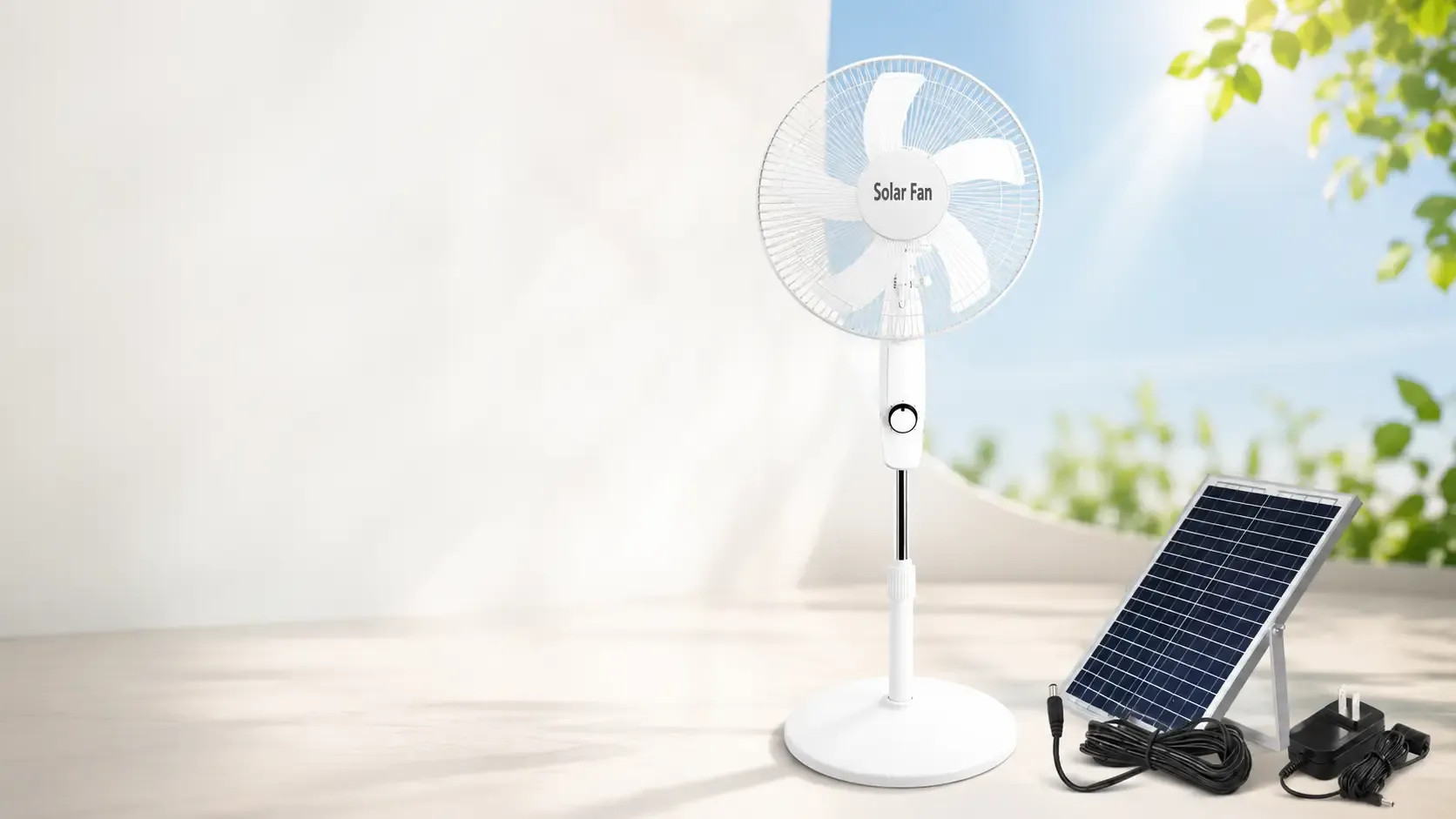 16-inch solar rechargeable standing fan with detachable solar panel and 9V 2A charger